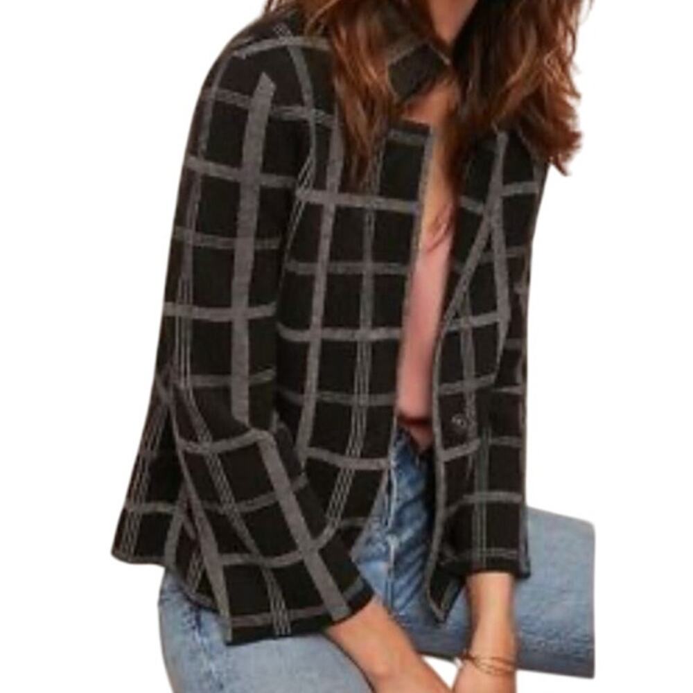 Anthropologie Moth Sweater Blazer Windowpane Plaid Patterned Black Womens Medium